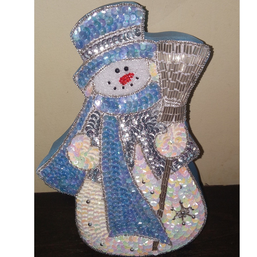 Beaded Sequins Snowman Trinket Christmas Holiday Gift Box Vintage Blue